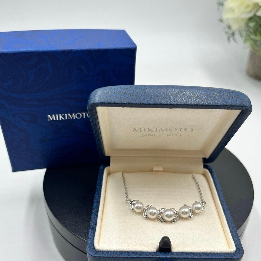 Mikimoto White Akoya Pearl Silver Wave Leaf Necklace New w/Box Deadstock Japan